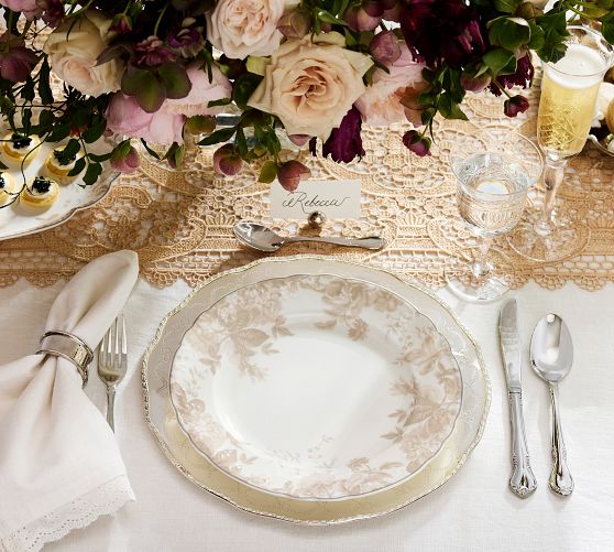 LoveShackFancy Neutral Floral Porcelain Dinner Plates - Set of 4 by Pottery Barn