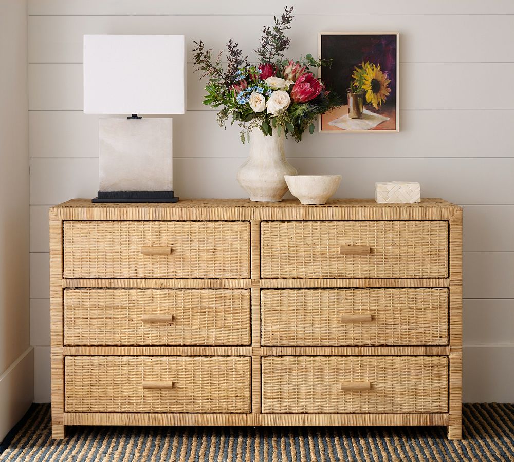 wicker dresser Boho Chic Rattan 6 Drawer Dressers sliding drawers with a rattan drawer front and solid wood handles The dresser also has ample amounts of space on top to really make it a statement piece in your room Overall size Frances Woven Rattan Tall Vanity