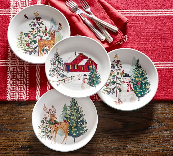 Christmas in the Country Stoneware Salad Plates - Mixed Set of 4 by Pottery Barn