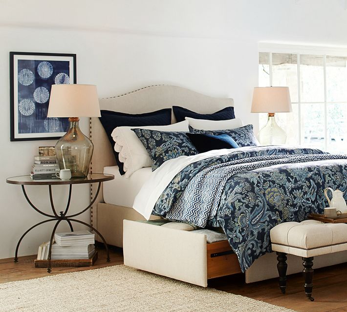 Upholstered Platform Bed with Footboard or Side Storage | Pottery Barn