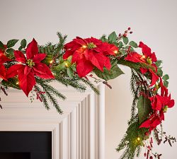 Faux Lit Poinsettia Wreath &amp; Garland
