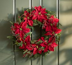 Faux Lit Poinsettia Wreath &amp; Garland
