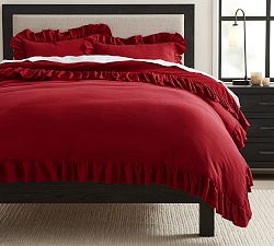 Open Box: Belgian Flax Linen Fringe Ruffle Duvet Cover, Full/Queen - Red Berry