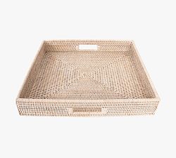 Open Box: Tava Handwoven Rattan Square Serving Tray (18"L x 18"W) - White Wash