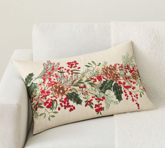 Holly Berry Embroidered Lumbar Pillow Cover