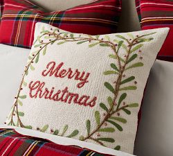 Merry Christmas Wreath Embroidered Pillow Cover