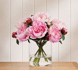 Faux Pink Peonies In Glass Vase