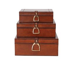 Leather Nesting Jewelry Boxes with Brass Closure, Set of 3