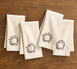 Wreath Embroidered Cotton/Linen Napkins - Set of 4