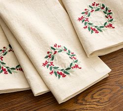 Wreath Embroidered Cotton/Linen Napkins - Set of 4