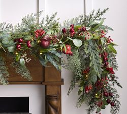 Faux Lit Mixed Eucalyptus &amp; Pomegranate Wreath &amp; Garland