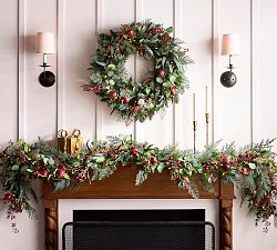 Faux Lit Mixed Eucalyptus &amp; Pomegranate Wreath &amp; Garland