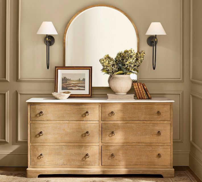 pottery barn brown dresser Scarlett 6-Drawer Marble Wide Dresser, Weathered Wheat, 64