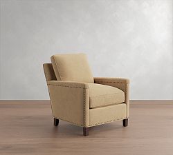 Open Box: Tyler Square Arm Upholstered Tall Armchair with Nailheads (37") - Performance Luxe Chenille Golden Wheat, Espresso
