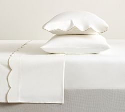 Open Box: Scalloped Embroidered Percale Sheet Set, Full - White/Flax