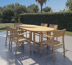 Nassau Teak Extendable Outdoor Dining Table (59"-79") + Monza Stackable Chair Set