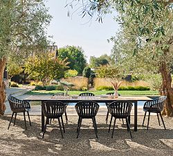 Spear Metal Outdoor Dining Table (83"-118") + Sinclair Armchair Set
