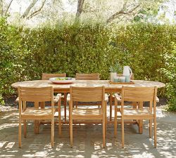 Nassau Teak Extendable Outdoor Dining Table (59"-79") + Monza Stackable Chair Set