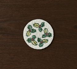 Holly Leaves Handcrafted Beaded Coasters, Set of 4