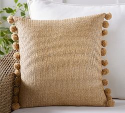 Faux Natural Fiber Pom Pom Outdoor Pillow