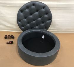 Open Box: Lorraine Tufted Round Leather Storage Ottoman - Statesville Indigo Blue, Bourbon Legs