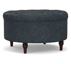 Open Box: Lorraine Tufted Round Leather Storage Ottoman - Statesville Indigo Blue, Bourbon Legs