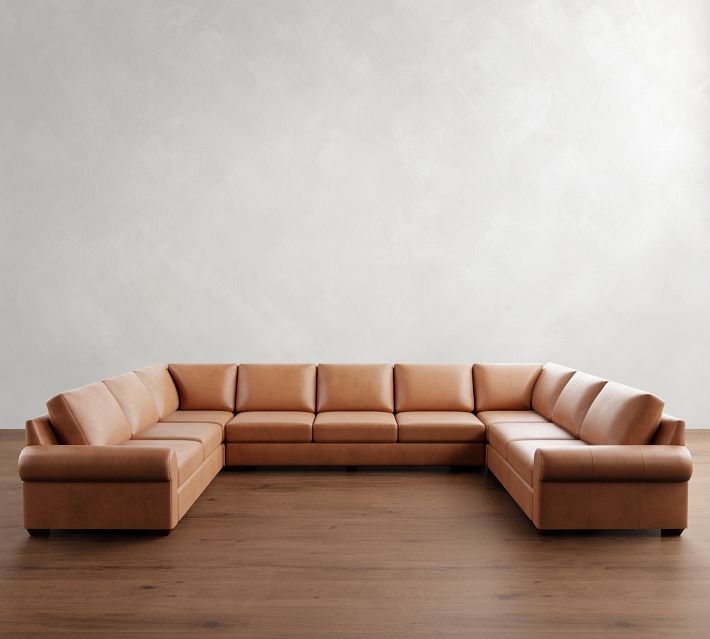Big Sur Roll Arm Leather U-Loveseat Sectional, Down Blend Wrapped Cushions, Burnished Wolf Gray