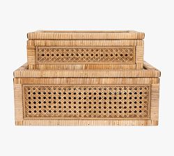 Woven Rattan and Wood Boxes - Set of 2