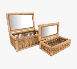 Woven Rattan and Wood Boxes - Set of 2
