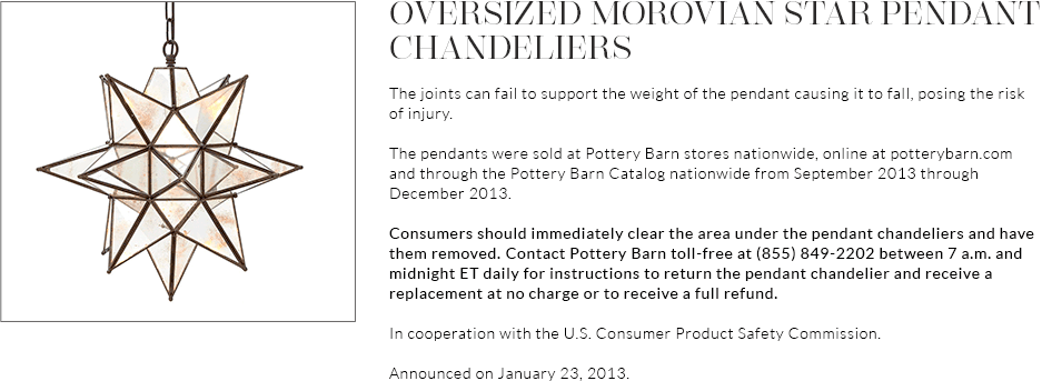 Important Safety Recall Notice: Oversized Monrovian Star Pendant Chandeliers