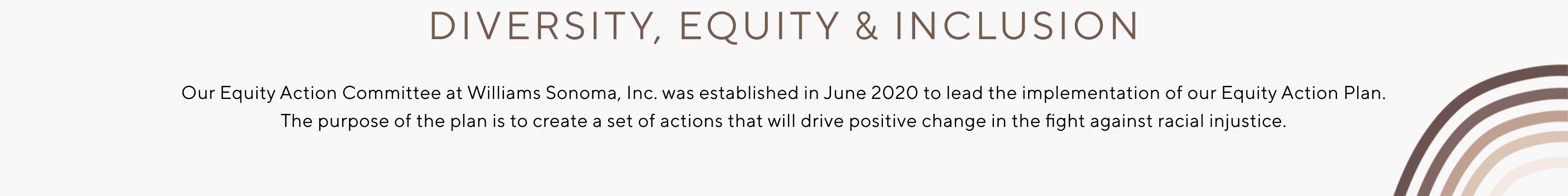 Diversity, Equality & Inclusion > Our Equity Action Committee at Williams Sonoma Inc. was established in June 2020  to lead the implementation of our Equity Action Plan.  The purpose of this plan is to create a set of actions that will drive positive change in the fight against racial injustice.