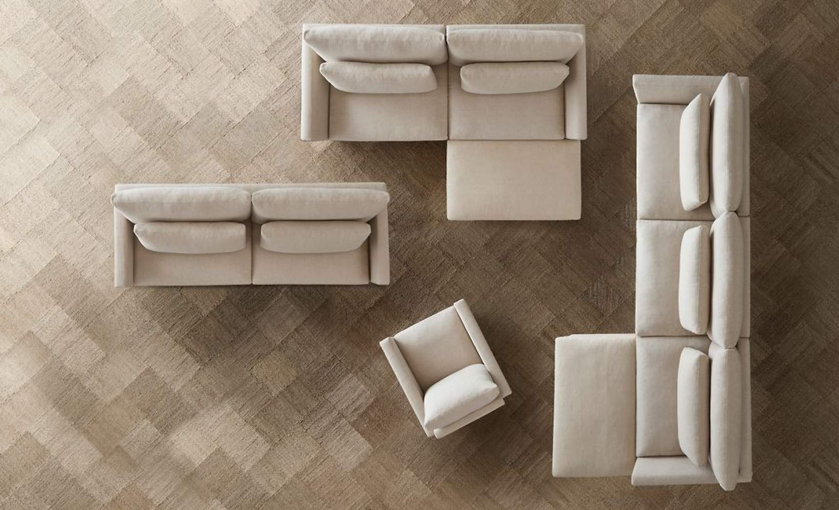 Modern modular sofa sectional pieces in cream linen upholstery, including loveseat, corner piece, armchair, and three-seater sections, showcasing contemporary living room furniture configuration. Modern modular sofa sectional pieces in cream linen upholstery, including loveseat, corner piece, armchair, and three-seater sections, showcasing contemporary living room furniture configuration.