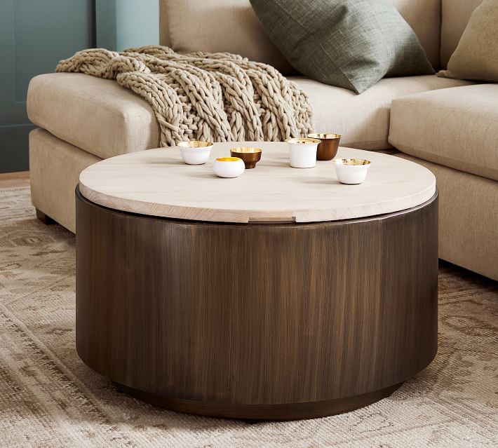 Round Upholstered Coffee Table With Storage, Leather Ottoman Coffee Table Pottery Barn