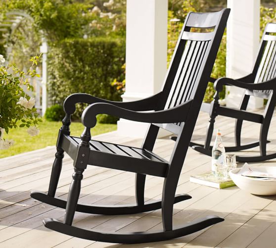 Wooden Rocking Chair Outdoor  - Salem Painted Wood Rocking Chair Traditional Setup For A Cozy Front Porch, Furnished With Two Identical Rocking Chairs Made Out Of Oak Wood With A Dark Brown Coat Of Paint And Decorated With Colorful Throw Pillows.