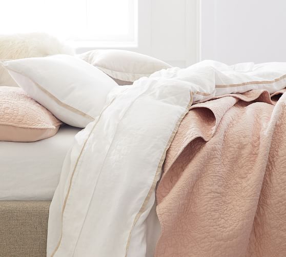 Belgian Flax Linen Contrast Flange Duvet Cover & Shams Smoke