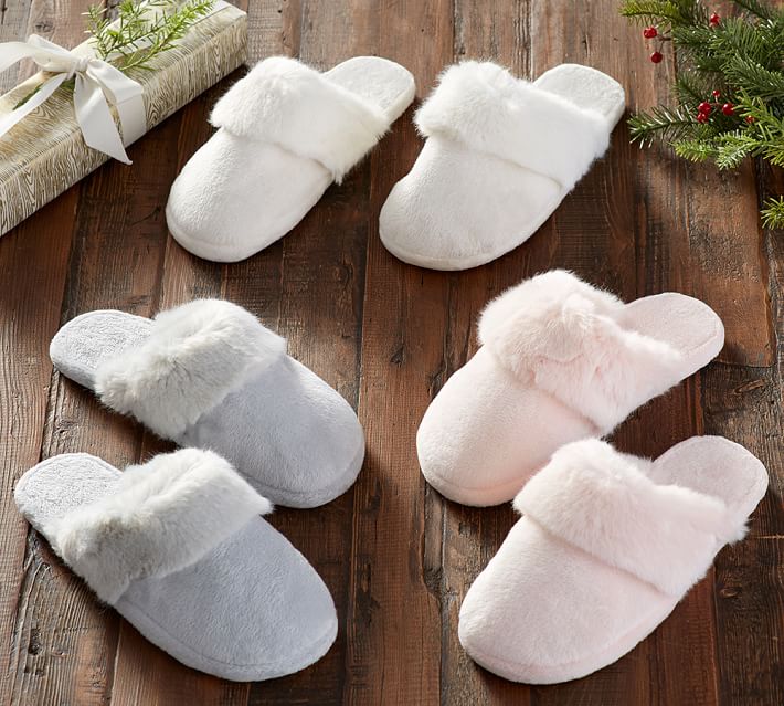 pottery barn faux fur slippers