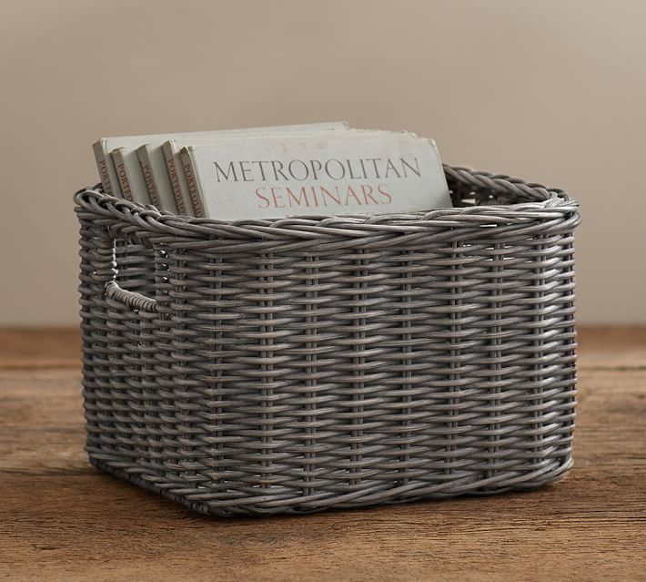 gray wicker storage baskets