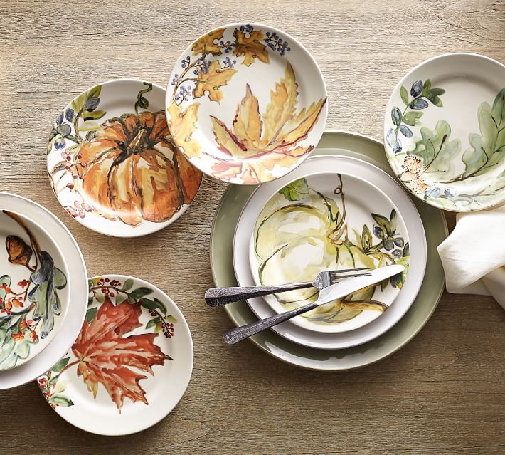 Watercolor Autumn Leaves Salad Plates, Set of 4 - Assorted | Pottery Barn