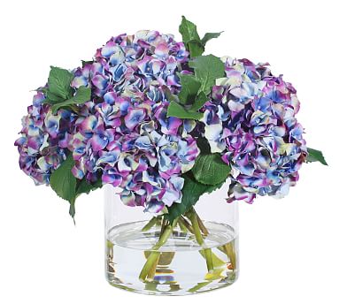 Faux Hydrangea Arrangement in Glass Vase | Artificial Flowers | Pottery ...