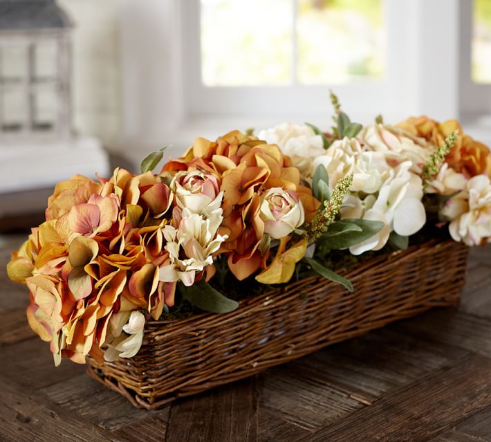 Faux Golden Flower Arrangement in Basket Artificial Flowers Pottery Barn