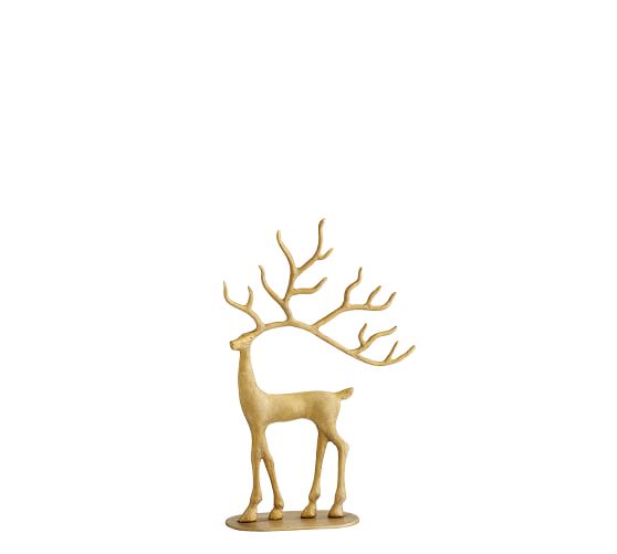 Set of 2 New Pottery Barn MERRY REINDEER Brass Christmas Holiday Ornaments