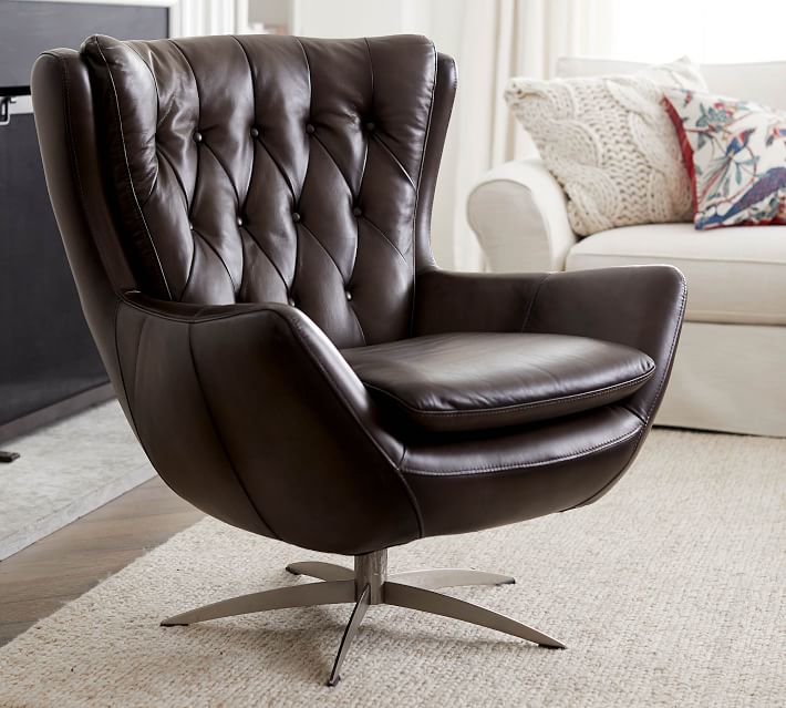 Wells Tufted Leather Swivel Armchair Pottery Barn