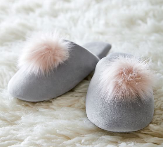 velvet pom pom slippers