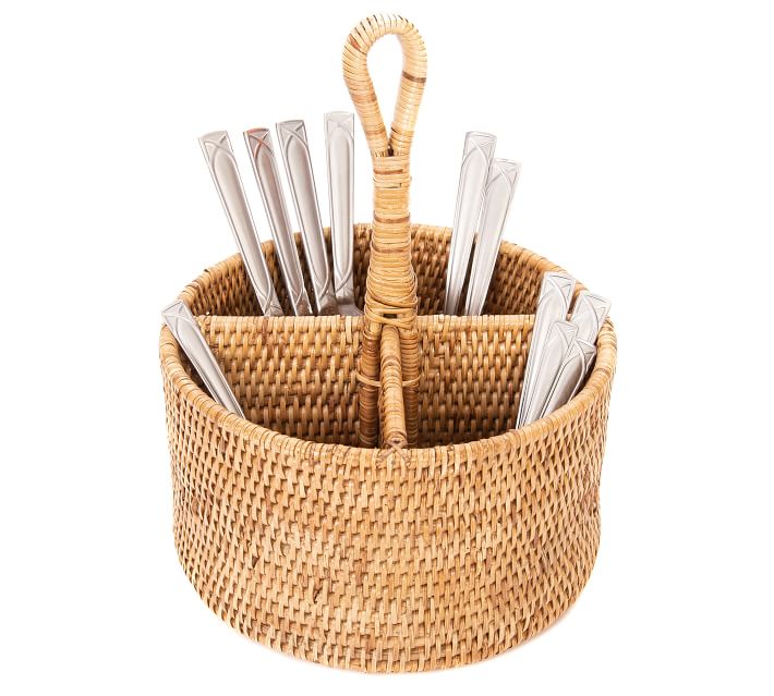Tava Handwoven Rattan Round Flatware Caddy Pottery Barn