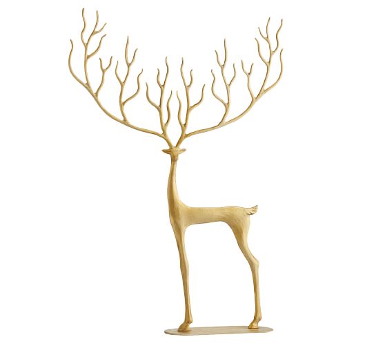 Set of 2 New Pottery Barn MERRY REINDEER Brass Christmas Holiday Ornaments