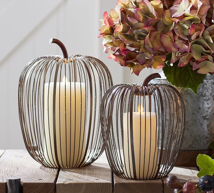 Beaded Wire Pumpkin Hurricane - Weathered Metal | Pottery Barn