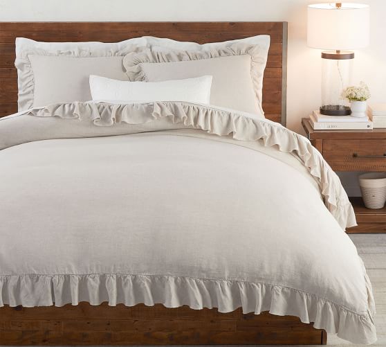 Belgian Flax Linen Raw Edge Ruffle Solid Duvet Cover Pottery Barn Belgian Flax Linen Raw Edge Ruffle, Queen Bedding With Ruffles