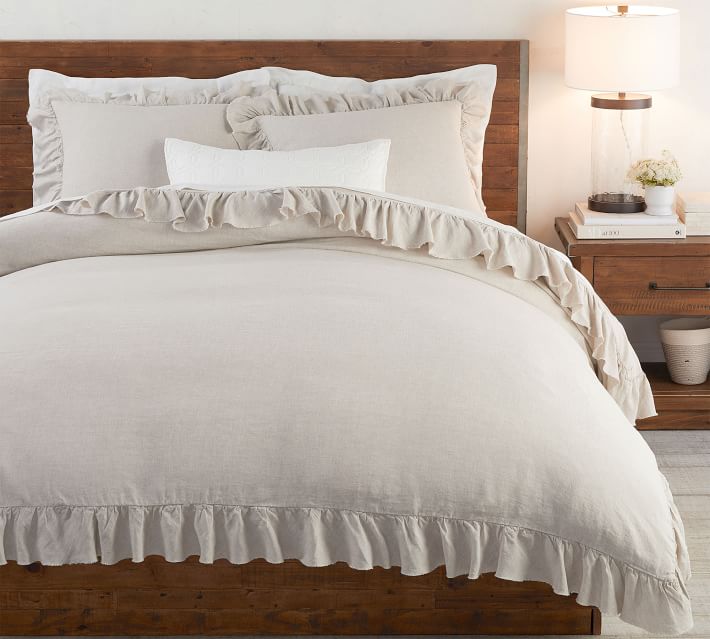 White Standard Set of 2 Pottery Barn Belgian Flax Linen Ruffle Shams