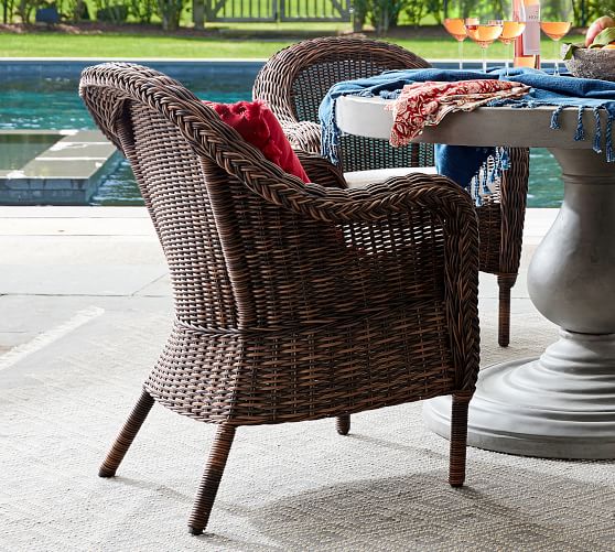 Torrey Indoor Outdoor All Weather Wicker Roll Arm Dining Chair Espresso Pottery Barn