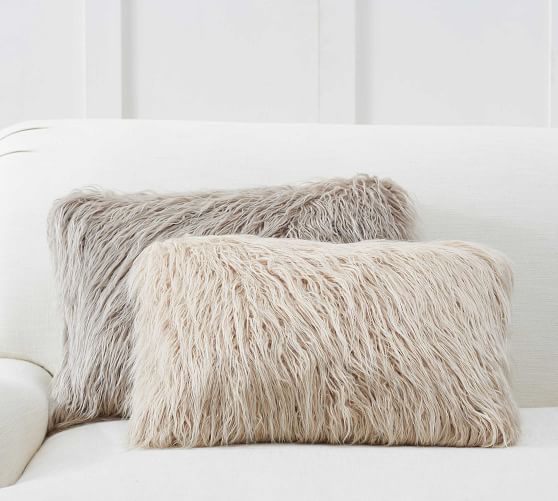 white faux fur lumbar pillow